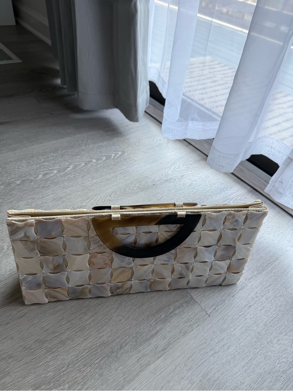 Pearlescent Mosaic Clutch Handbag with Dark Brown Accent Handle - Picture 2 of 4
